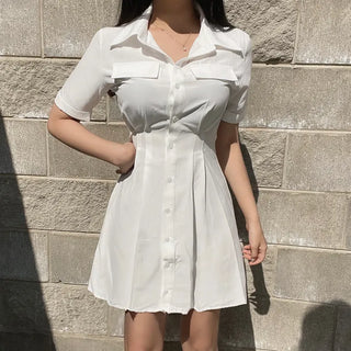 Satin Pintuck Short Sleeve Shirt Dress Mini
