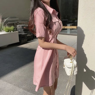Satin Pintuck Short Sleeve Shirt Dress Mini