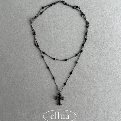 Black Double-Strand Layered Cross Necklace Chrome Unique Y2K