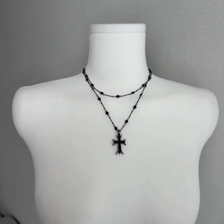 Black Double-Strand Layered Cross Necklace Chrome Unique Y2K