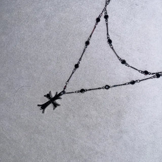 Black Double-Strand Layered Cross Necklace Chrome Unique Y2K