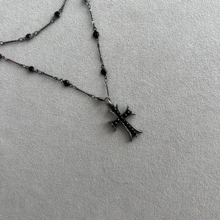 Black Double-Strand Layered Cross Necklace Chrome Unique Y2K