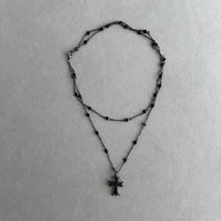 Black Double-Strand Layered Cross Necklace Chrome Unique Y2K