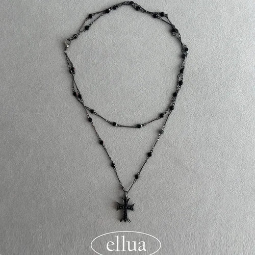 Black Double-Strand Layered Cross Necklace Chrome Unique Y2K