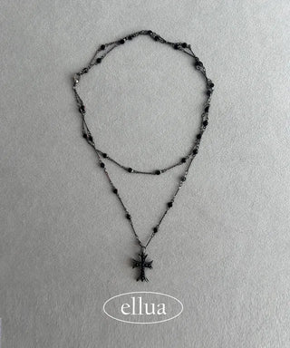 Black Double-Strand Layered Cross Necklace Chrome Unique Y2K