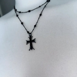 Black Double-Strand Layered Cross Necklace Chrome Unique Y2K