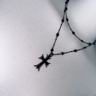 Black Double-Strand Layered Cross Necklace Chrome Unique Y2K