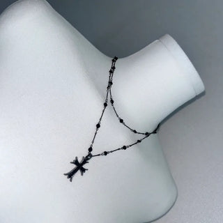 Black Double-Strand Layered Cross Necklace Chrome Unique Y2K
