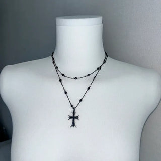 Black Double-Strand Layered Cross Necklace Chrome Unique Y2K