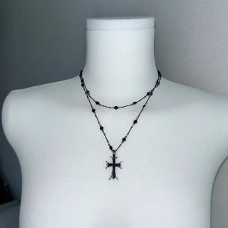 Black Double-Strand Layered Cross Necklace Chrome Unique Y2K