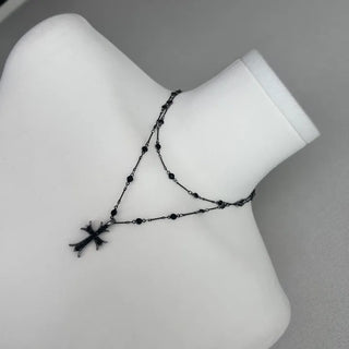Black Double-Strand Layered Cross Necklace Chrome Unique Y2K