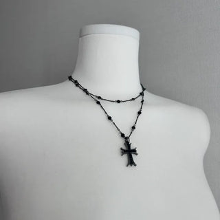 Black Double-Strand Layered Cross Necklace Chrome Unique Y2K