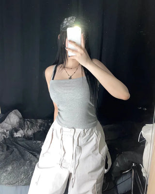 Daily Plain Crop Strap Sleeveless Layered Basic Essential