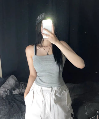 Daily Plain Crop Strap Sleeveless Layered Basic Essential