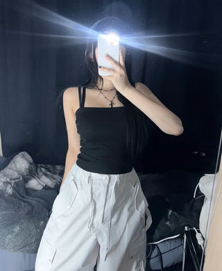 Daily Plain Crop Strap Sleeveless Layered Basic Essential
