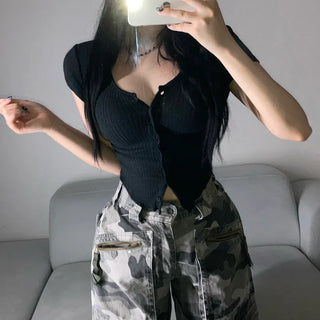 Short-sleeve Button Cap Sleeve Rolled Tee Short Ribbed