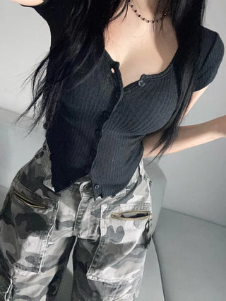 Short-sleeve Button Cap Sleeve Rolled Tee Short Ribbed