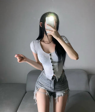 Short-sleeve Button Cap Sleeve Rolled Tee Short Ribbed