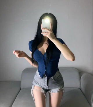 Short-sleeve Button Cap Sleeve Rolled Tee Short Ribbed
