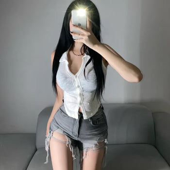 Stretchy V-Shirt Collared Ribbed Sleeveless Shirt Daily Crop