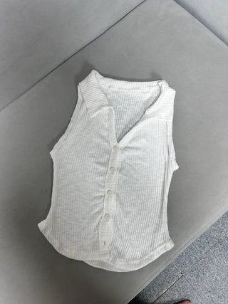 Stretchy V-Shirt Collared Ribbed Sleeveless Shirt Daily Crop