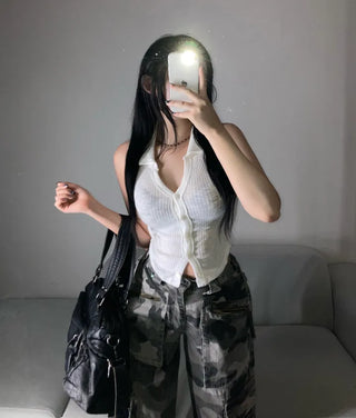 Stretchy V-Shirt Collared Ribbed Sleeveless Shirt Daily Crop