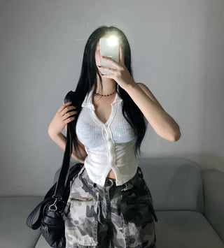 Stretchy V-Shirt Collared Ribbed Sleeveless Shirt Daily Crop