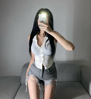 Stretchy V-Shirt Collared Ribbed Sleeveless Shirt Daily Crop