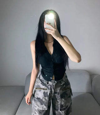 Stretchy V-Shirt Collared Ribbed Sleeveless Shirt Daily Crop