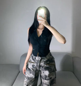 Stretchy V-Shirt Collared Ribbed Sleeveless Shirt Daily Crop