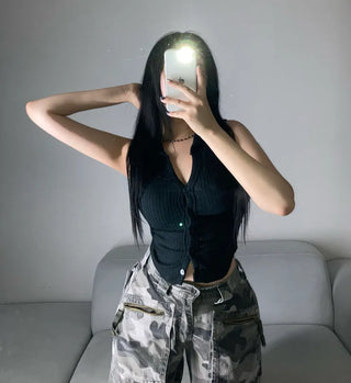 Stretchy V-Shirt Collared Ribbed Sleeveless Shirt Daily Crop