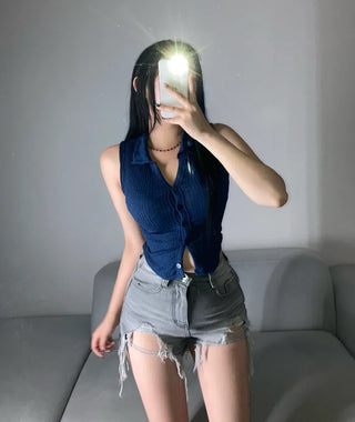Stretchy V-Shirt Collared Ribbed Sleeveless Shirt Daily Crop