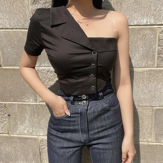 Asymmetrical Half-Off-Shoulder Short-Sleeve Shirt Off-Shoulder Short Sleeve