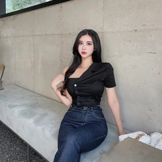 Asymmetrical Half-Off-Shoulder Short-Sleeve Shirt Off-Shoulder Short Sleeve