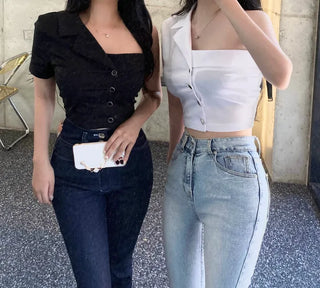 Asymmetrical Half-Off-Shoulder Short-Sleeve Shirt Off-Shoulder Short Sleeve