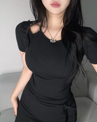 Shoulder Slit Short Sleeve T-shirt Ribbed Tee Tight