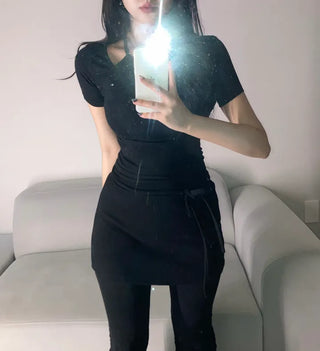 Shoulder Slit Short Sleeve T-shirt Ribbed Tee Tight