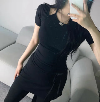 Shoulder Slit Short Sleeve T-shirt Ribbed Tee Tight