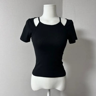Shoulder Slit Short Sleeve T-shirt Ribbed Tee Tight