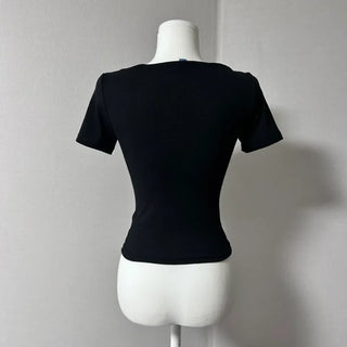 Shoulder Slit Short Sleeve T-shirt Ribbed Tee Tight