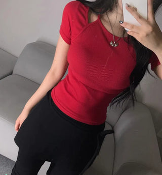 Shoulder Slit Short Sleeve T-shirt Ribbed Tee Tight