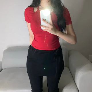 Shoulder Slit Short Sleeve T-shirt Ribbed Tee Tight