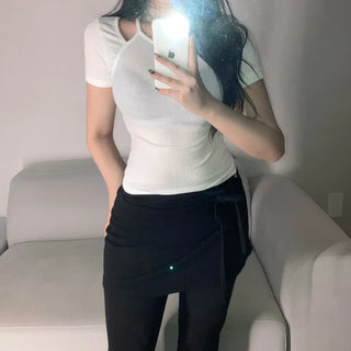 Shoulder Slit Short Sleeve T-shirt Ribbed Tee Tight