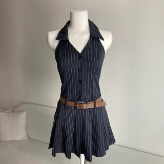 Halter Sleeveless Collar Pleated Dress Striped Party Look