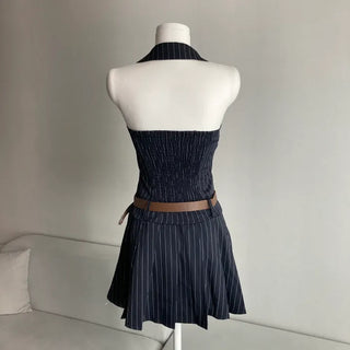 Halter Sleeveless Collar Pleated Dress Striped Party Look