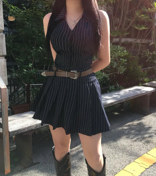 Halter Sleeveless Collar Pleated Dress Striped Party Look