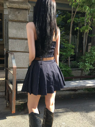 Halter Sleeveless Collar Pleated Dress Striped Party Look