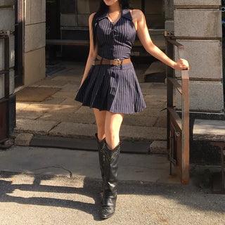 Halter Sleeveless Collar Pleated Dress Striped Party Look