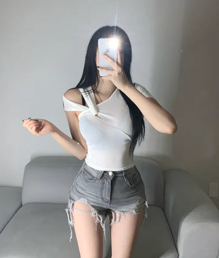 Asymmetrical Twist Half-Off Short Sleeve T-shirt Tee Crop