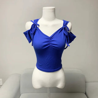 Ribbon Off-shoulder Shirred Short Sleeve T-shirt Sexy Glam
